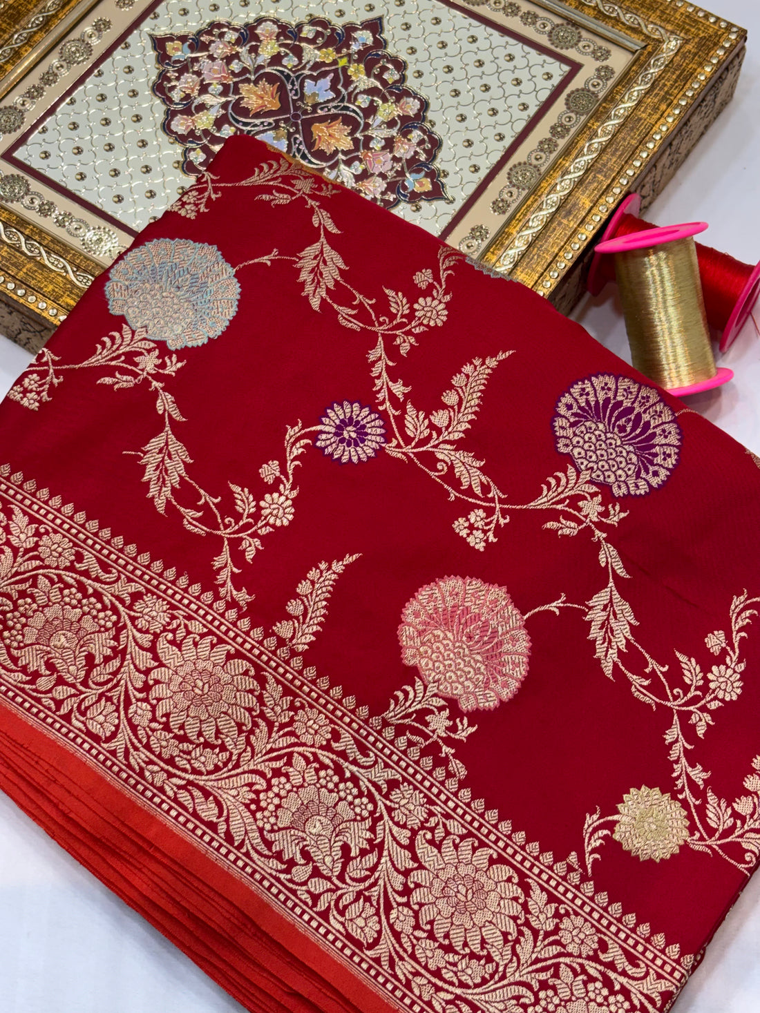 Maroon Red Jaal Pure Katan Silk Handwoven Banarasi Saree