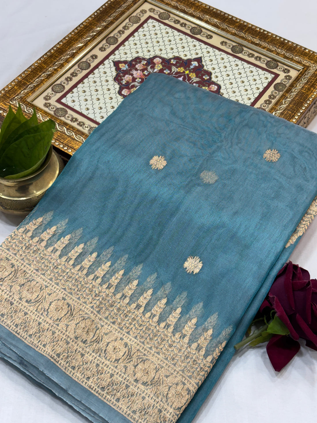 Steel Blue Pure Kora Silk Handwoven Banarasi Saree