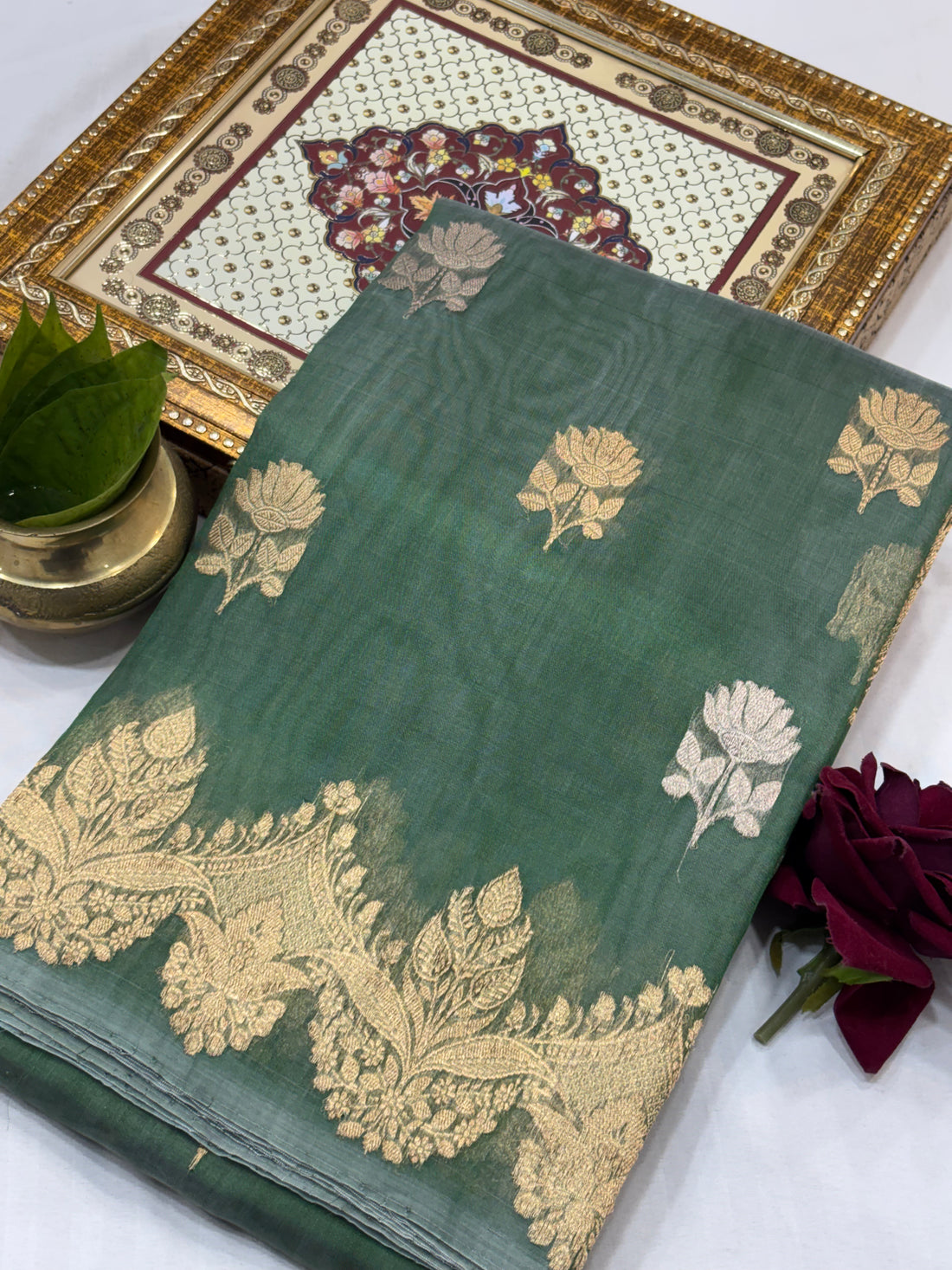 Olive Green Pure Kora Silk Handwoven Banarasi Saree