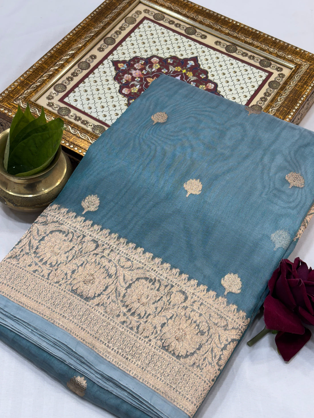 Dusty Teal Pure Kora Silk Handwoven Banarasi Saree