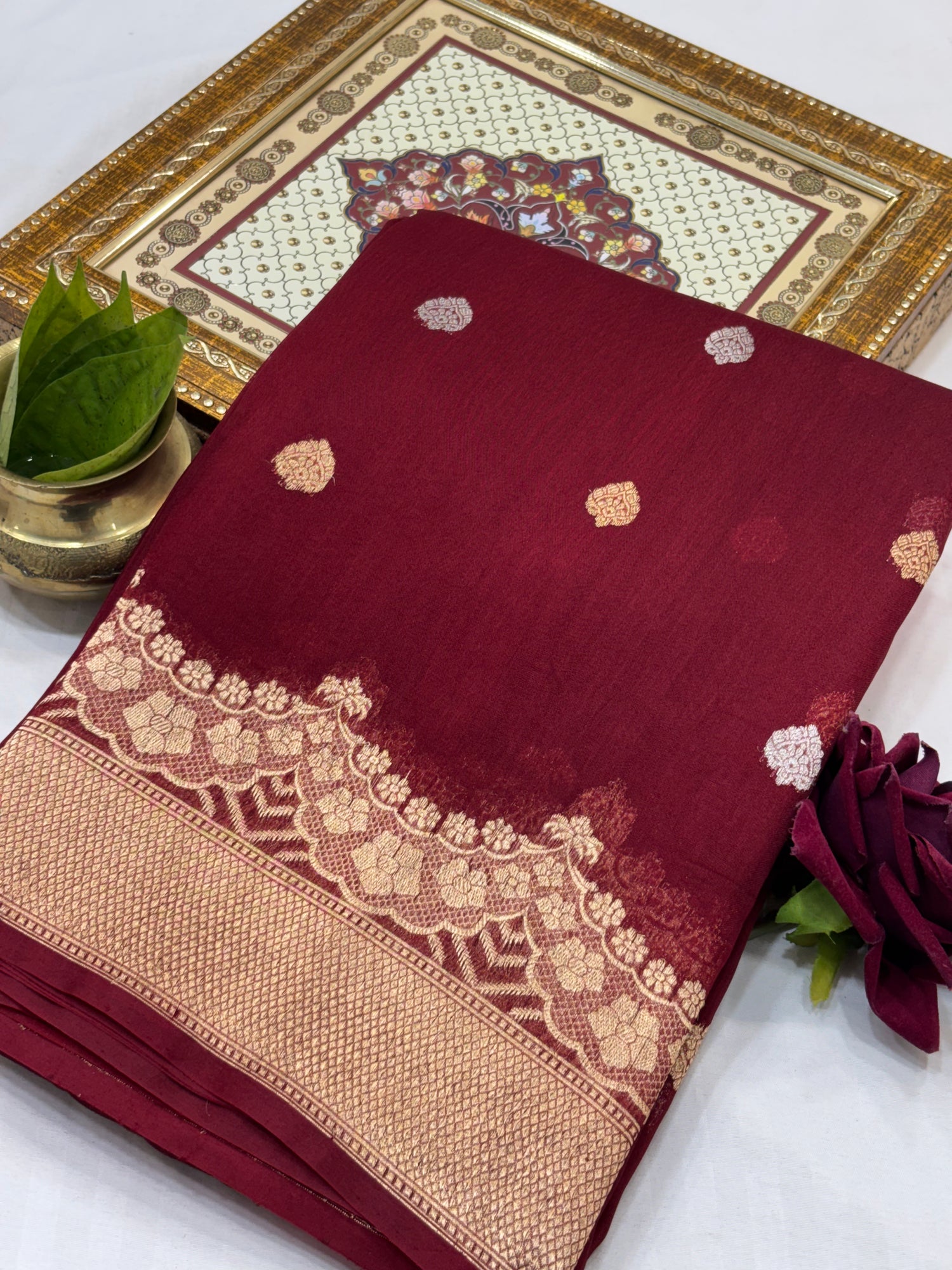 Maroon Shade Pure Kora Silk Handwoven Banarasi Saree