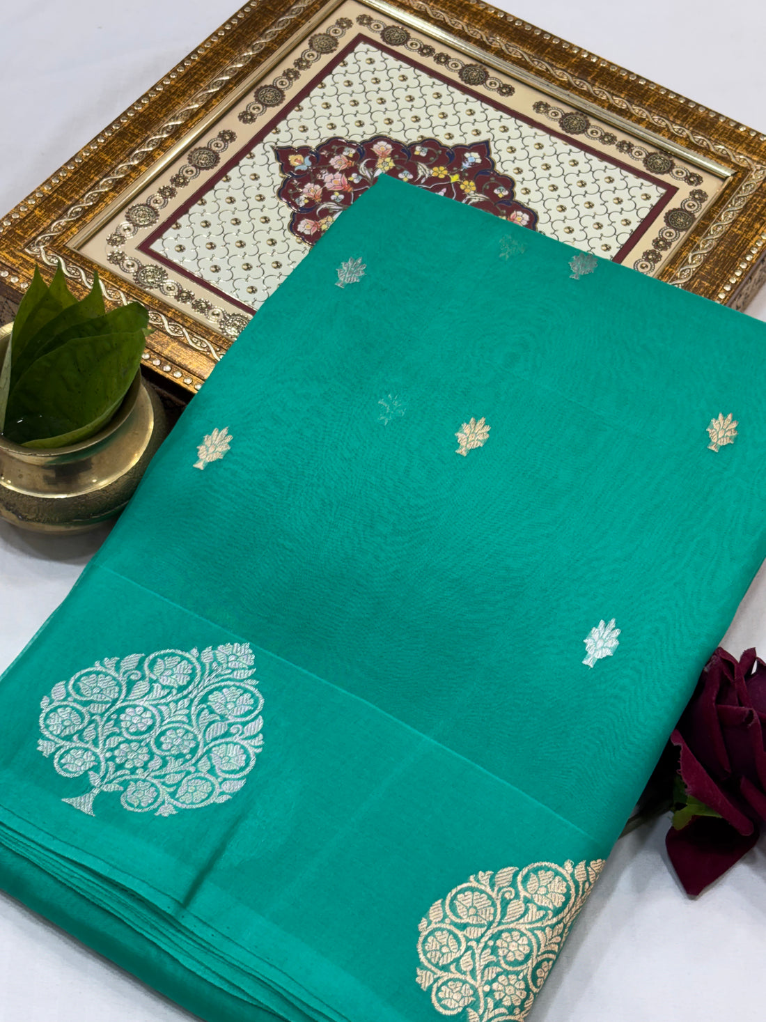 Teal Green Pure Kora Silk Handwoven Banarasi Saree