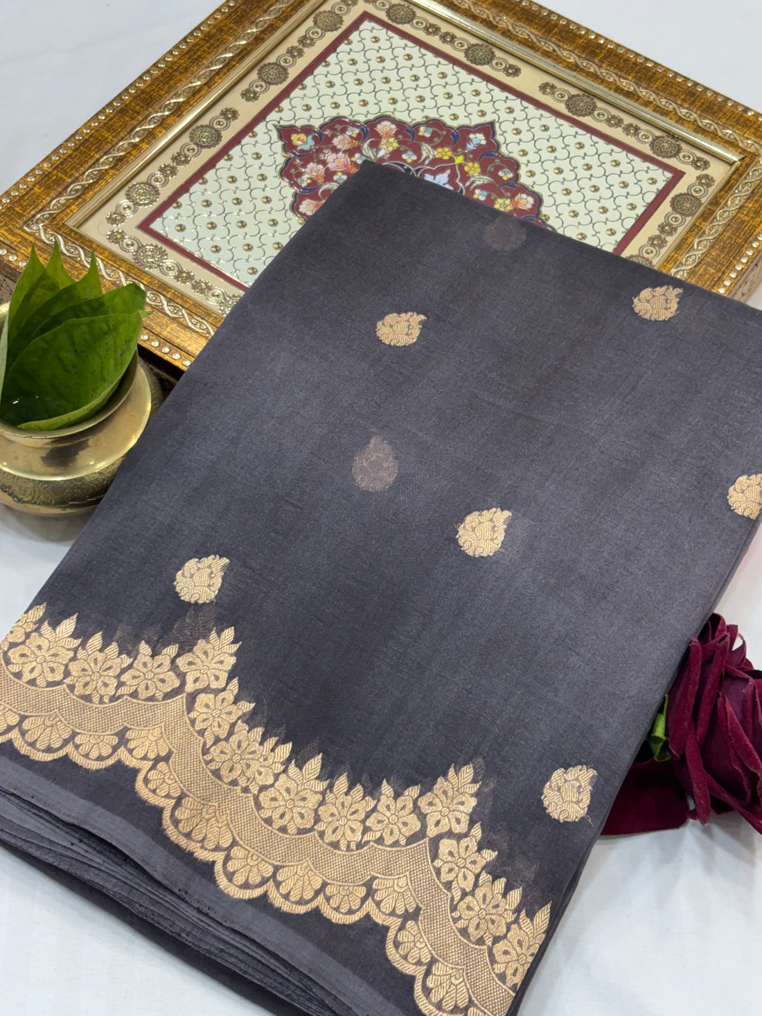 Dark Grey Pure Kora Silk Handwoven Banarasi Saree