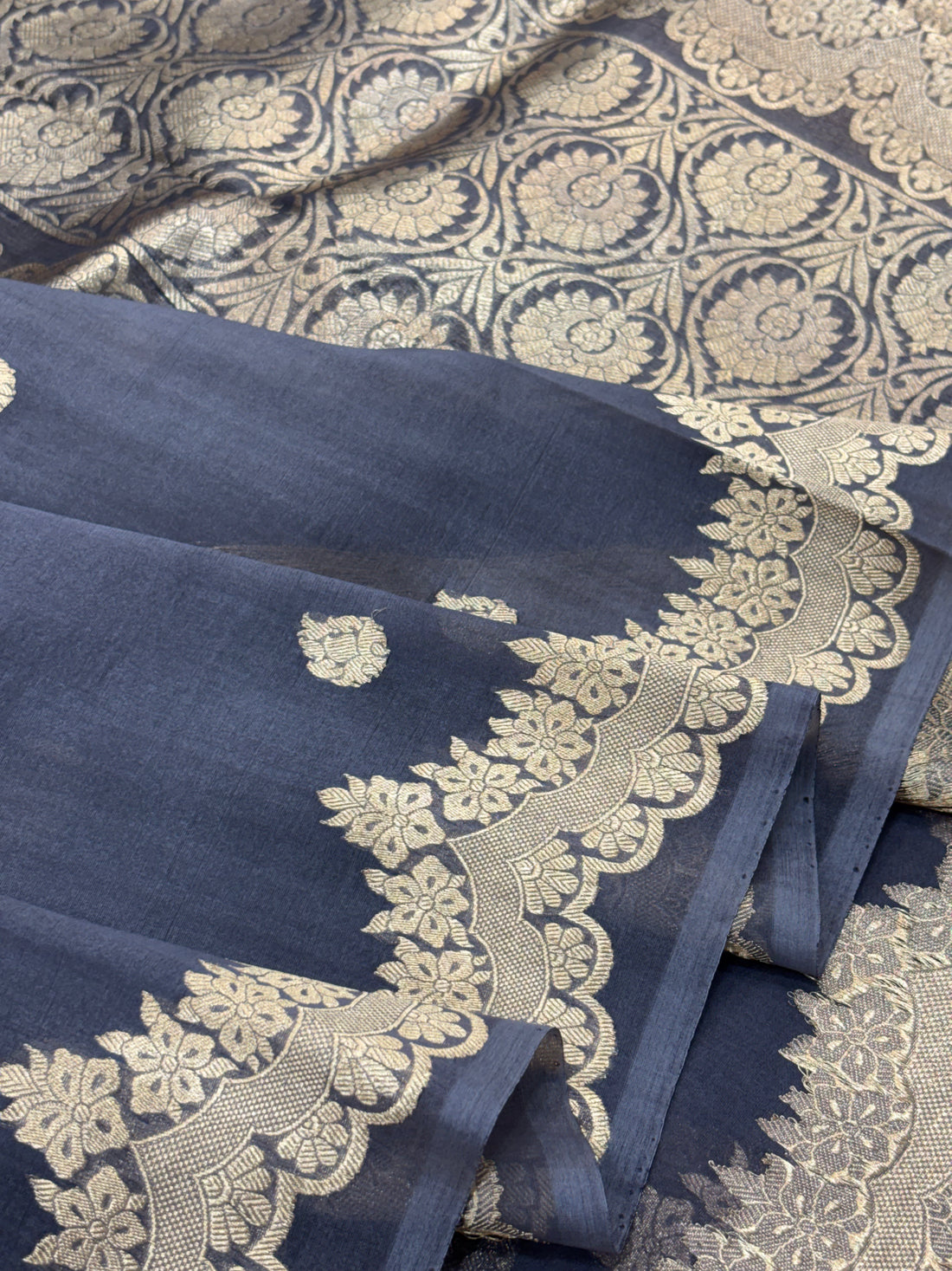 Dark Grey Pure Kora Silk Handwoven Banarasi Saree