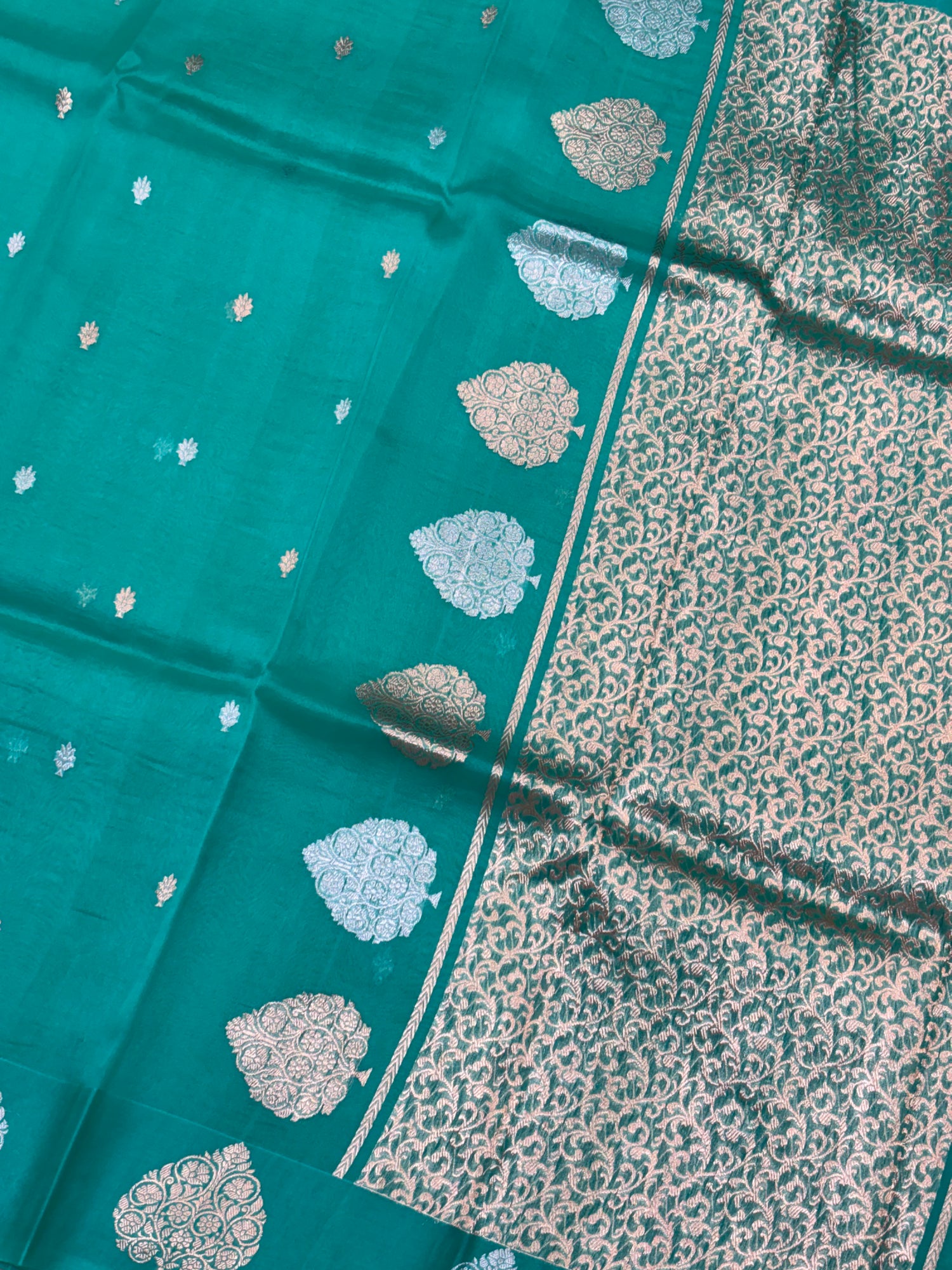 Teal Green Pure Kora Silk Handwoven Banarasi Saree