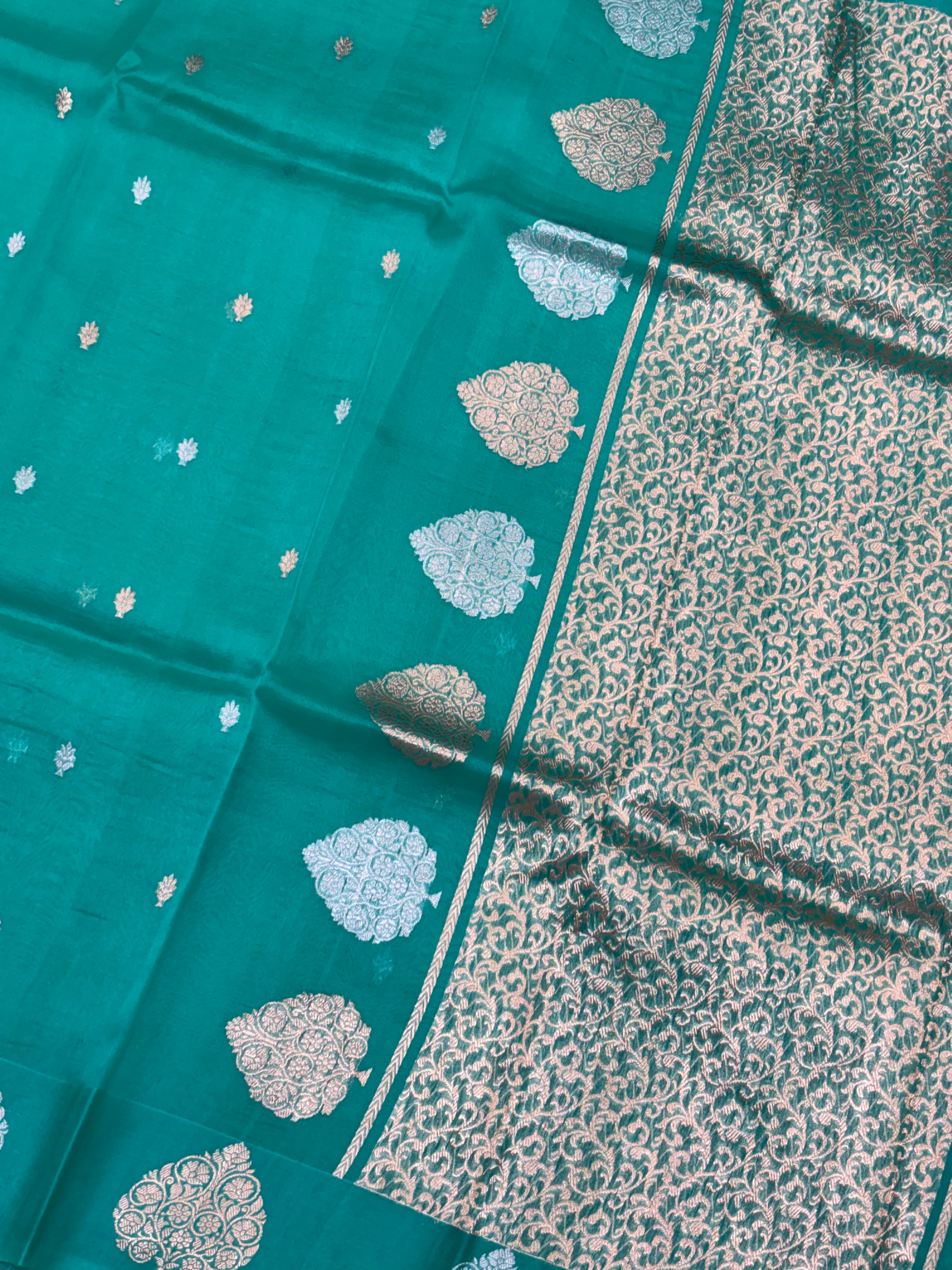 Teal Green Pure Kora Silk Handwoven Banarasi Saree