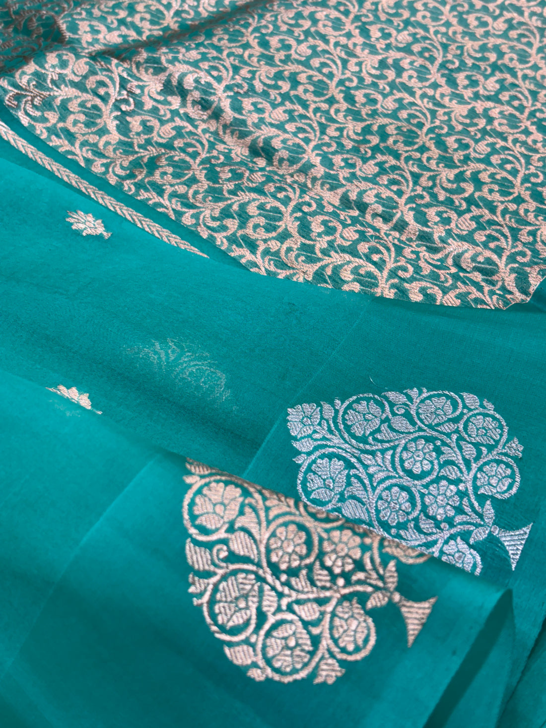 Teal Green Pure Kora Silk Handwoven Banarasi Saree