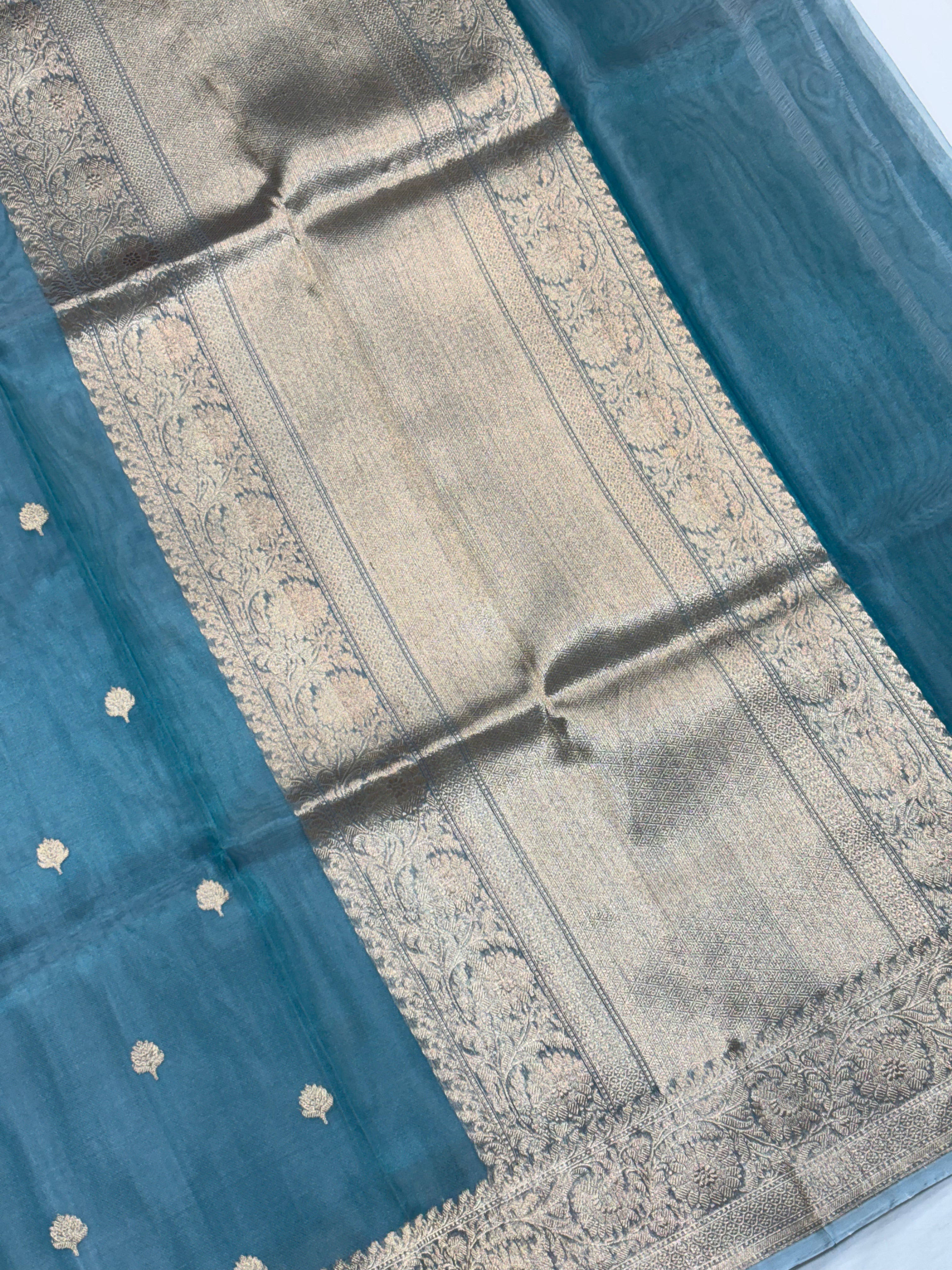 Dusty Teal Pure Kora Silk Handwoven Banarasi Saree