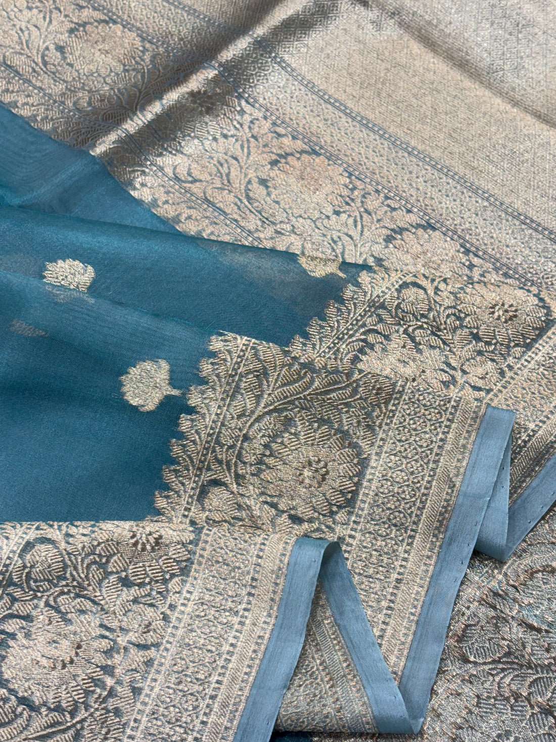 Dusty Teal Pure Kora Silk Handwoven Banarasi Saree