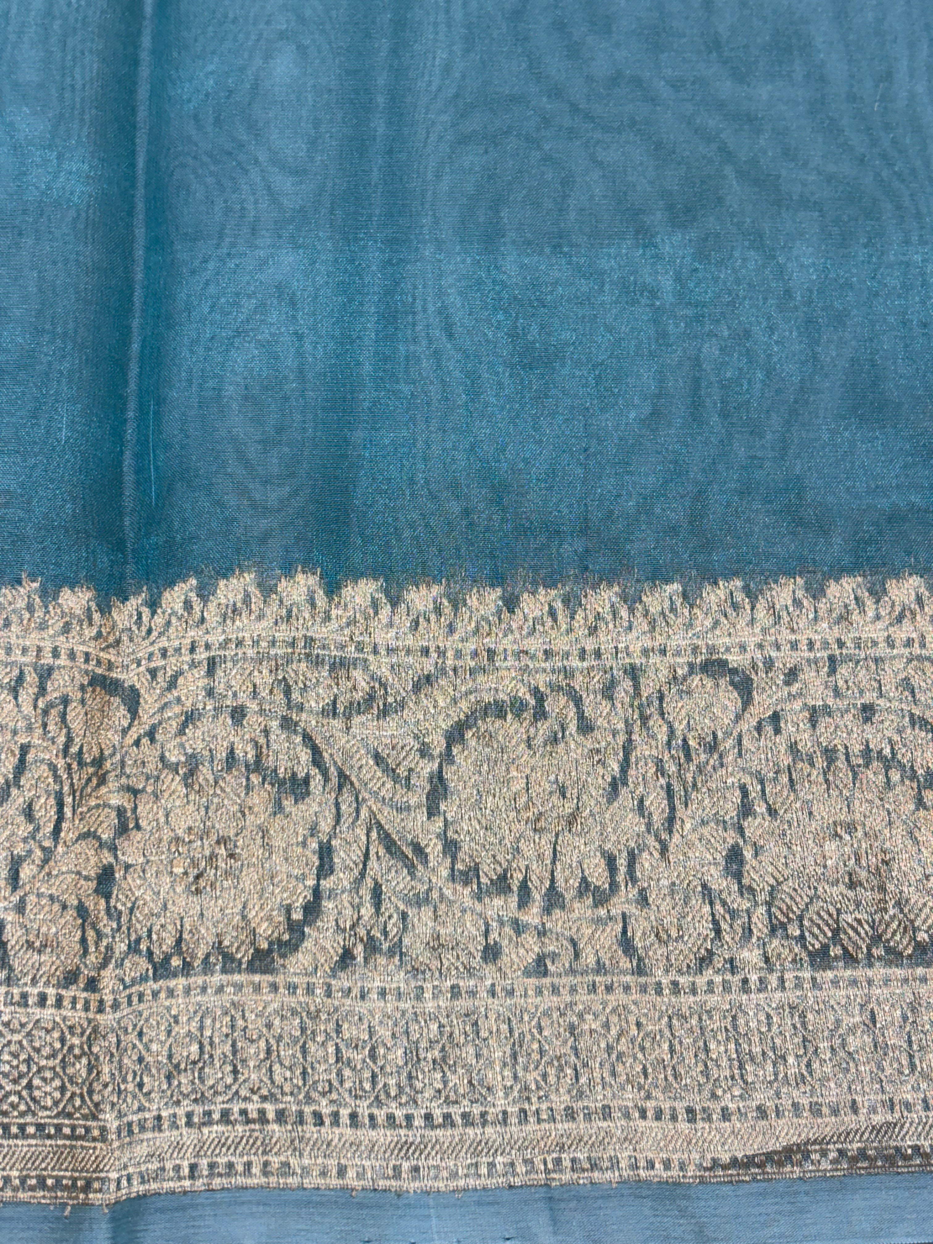 Dusty Teal Pure Kora Silk Handwoven Banarasi Saree