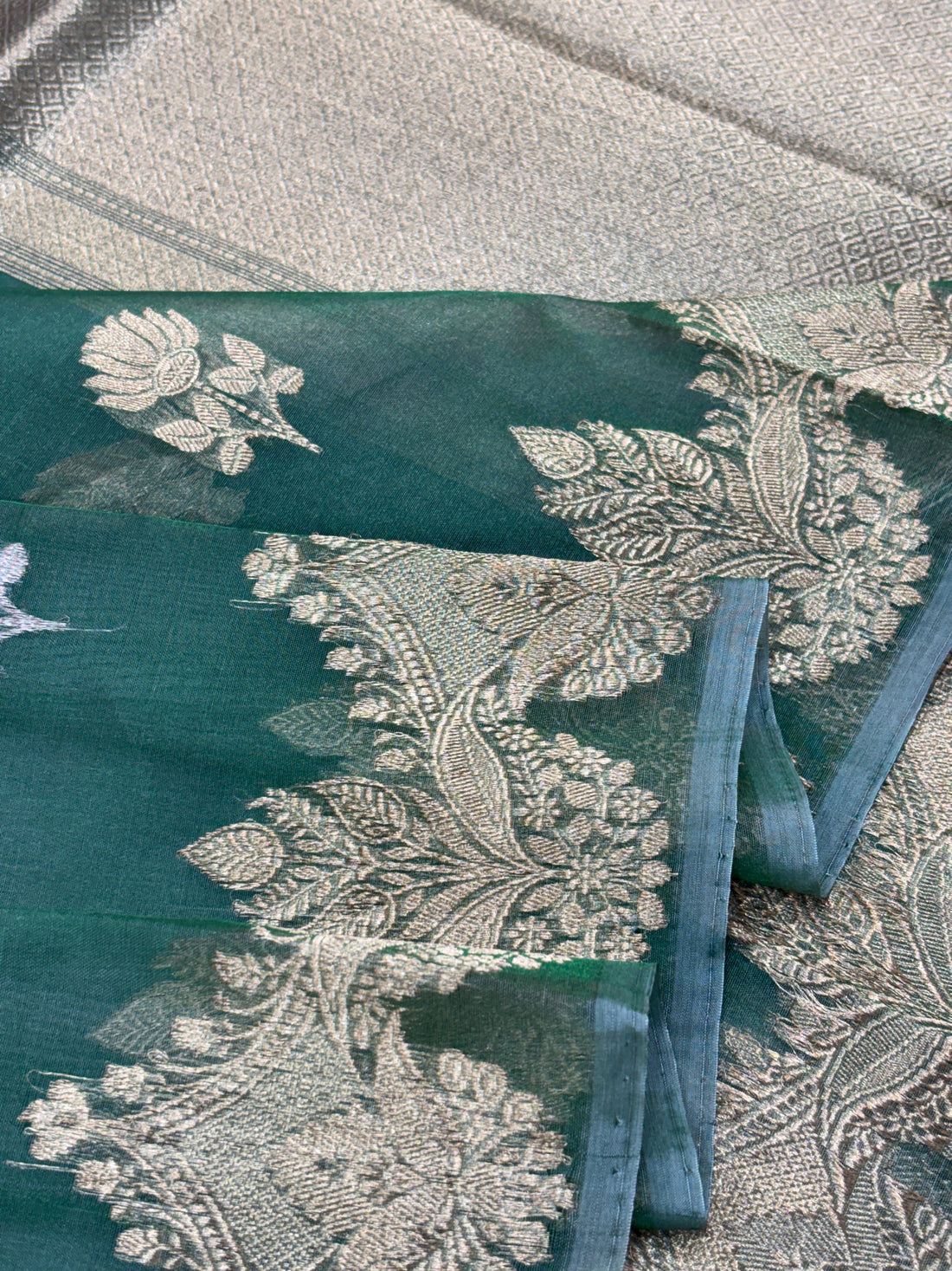 Olive Green Pure Kora Silk Handwoven Banarasi Saree