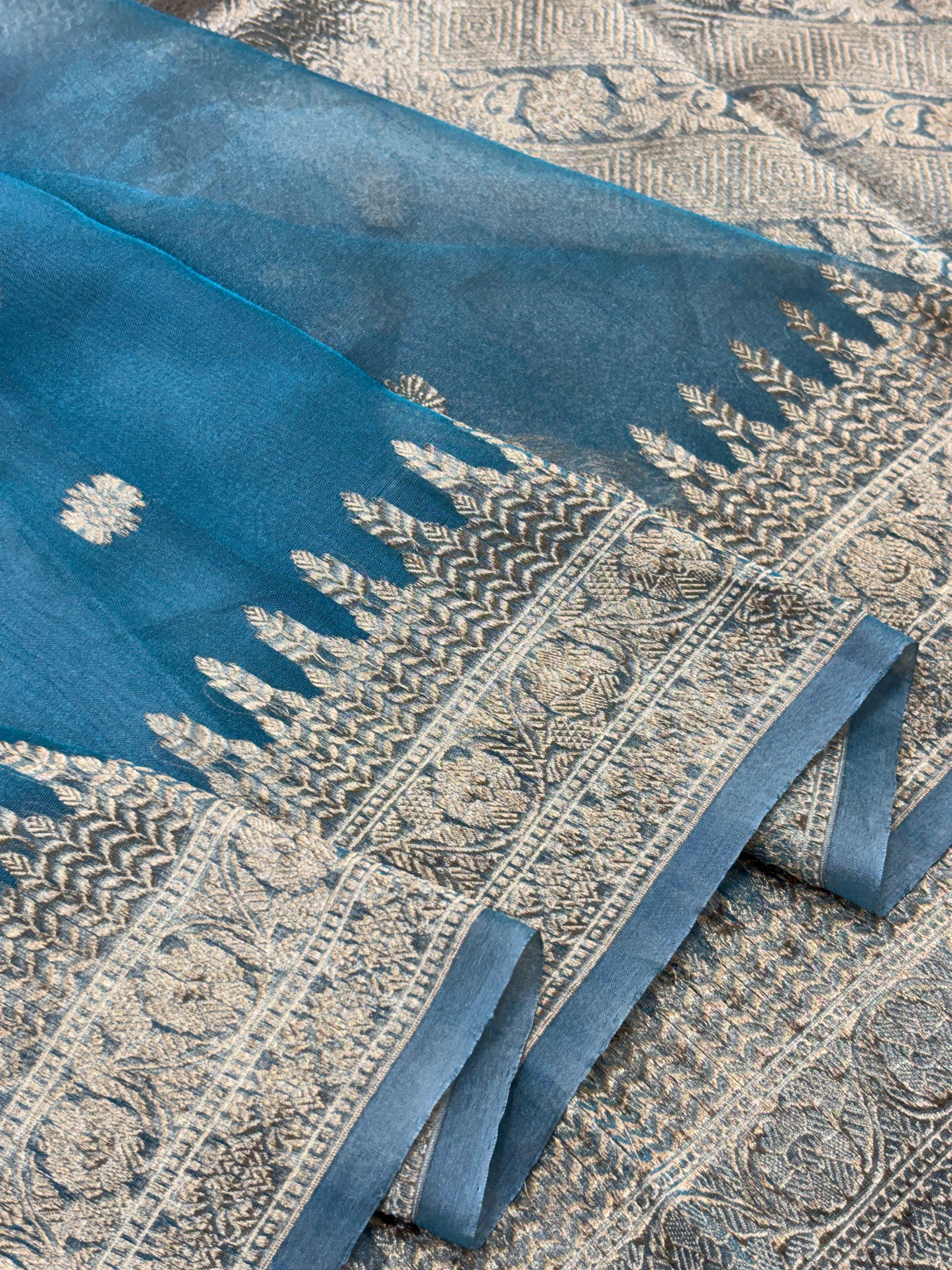 Steel Blue Pure Kora Silk Handwoven Banarasi Saree