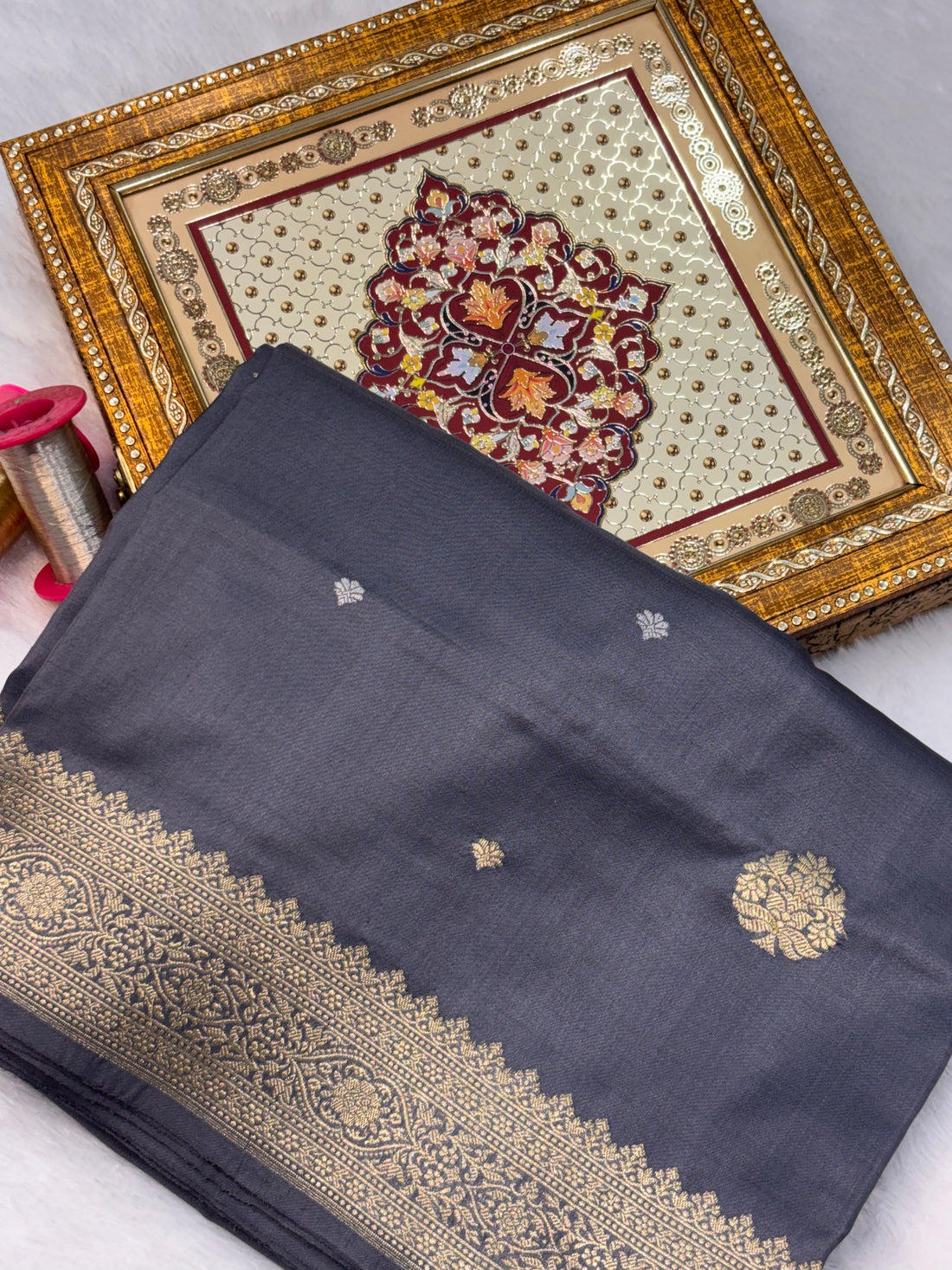 Dark Grey Pure Katan Silk Handwoven Banarasi Saree