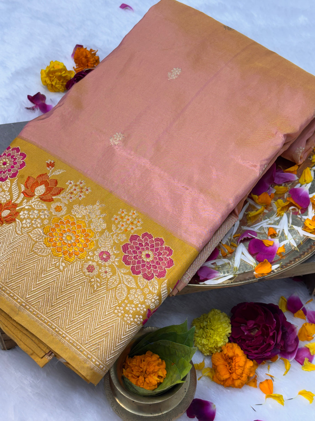 Peach Shade Pure Katan Silk Handwoven Banarasi Saree
