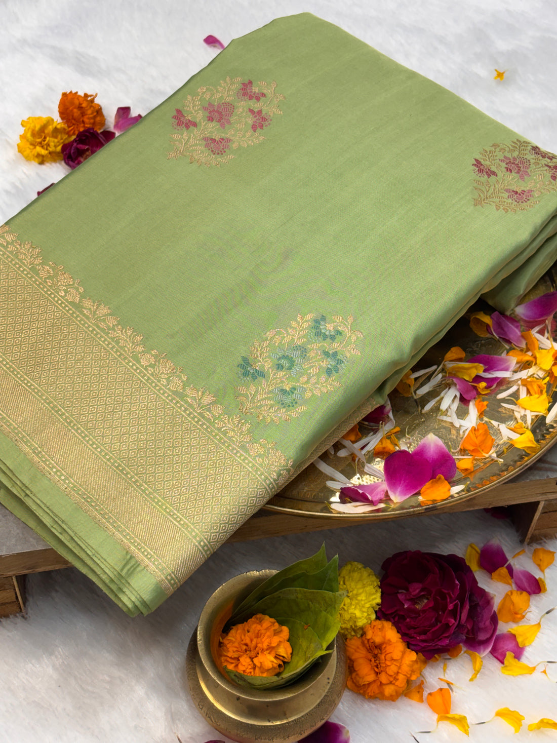 Sage Green Pure Katan Silk Handwoven Banarasi Saree