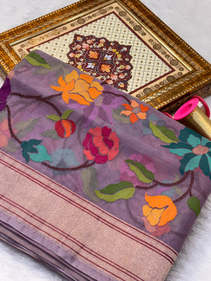 Light Lavender Pure Organza Ektara Silk Handwoven Banarasi Saree