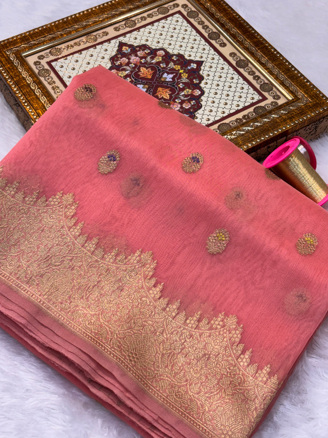 Light Pink Pure Organza Silk Handwoven Banarasi Saree