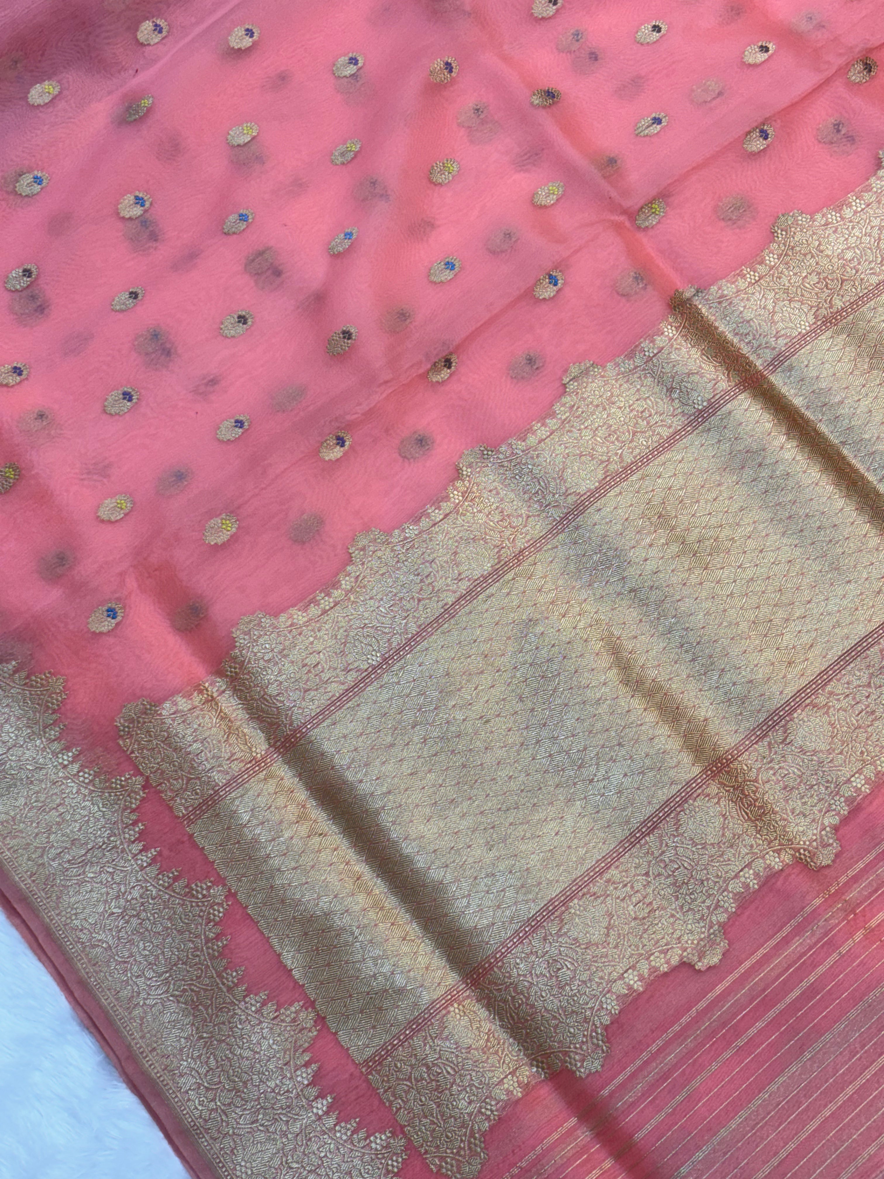 Light Pink Pure Organza Silk Handwoven Banarasi Saree