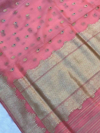 Light Pink Pure Organza Silk Handwoven Banarasi Saree