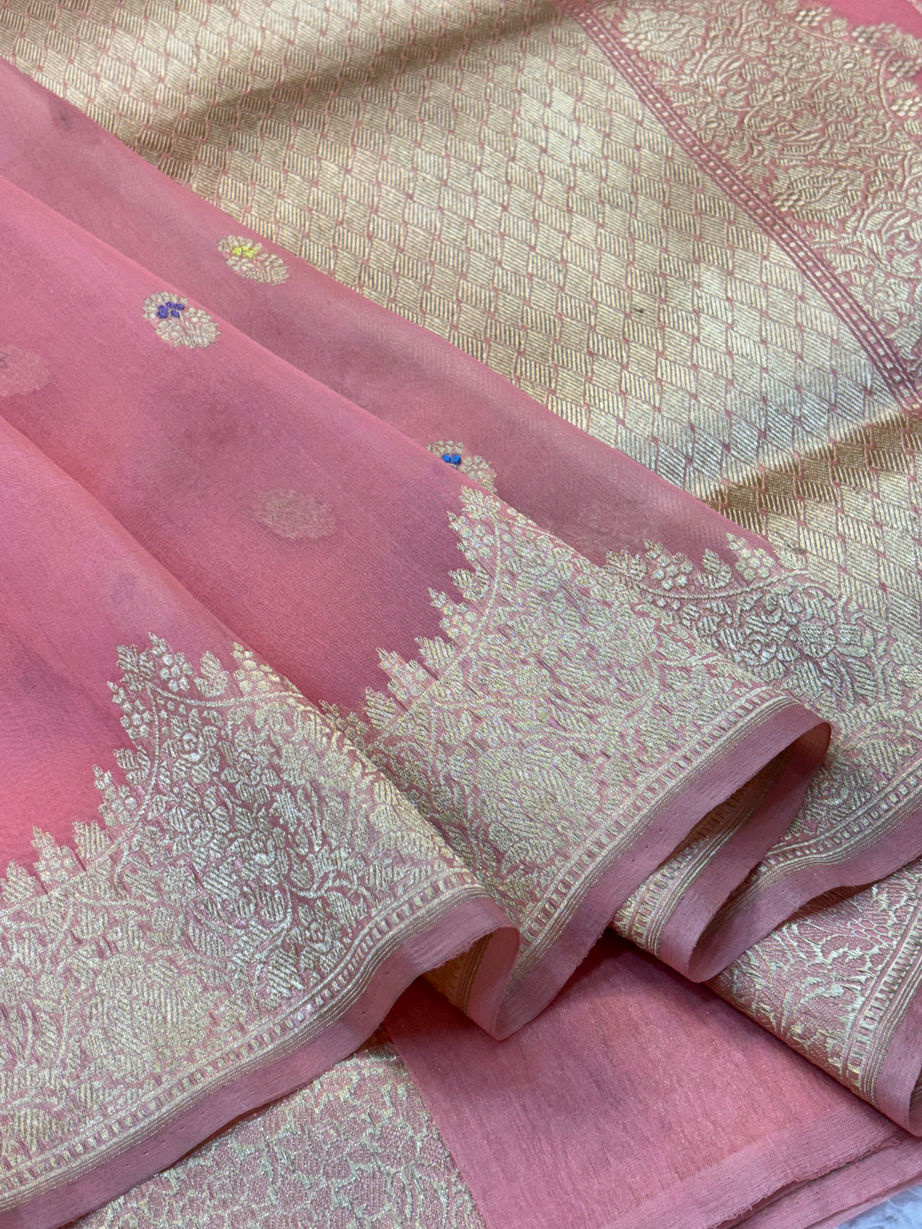 Light Pink Pure Organza Silk Handwoven Banarasi Saree