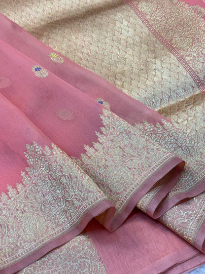Light Pink Pure Organza Silk Handwoven Banarasi Saree
