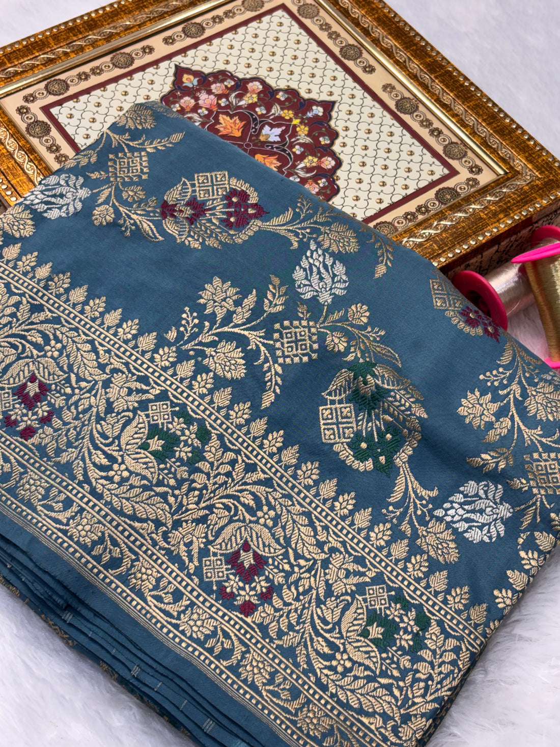 Teal Blue Colour Pure Katan Silk Handwoven Banarasi Saree