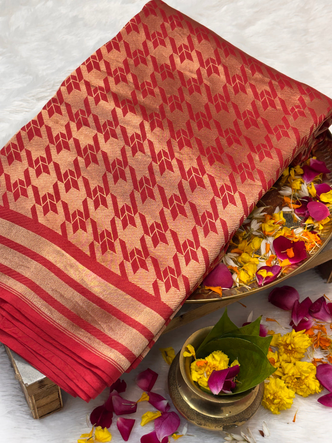 Hot Red Pure Katan Silk Gold Zari Brocade Saree