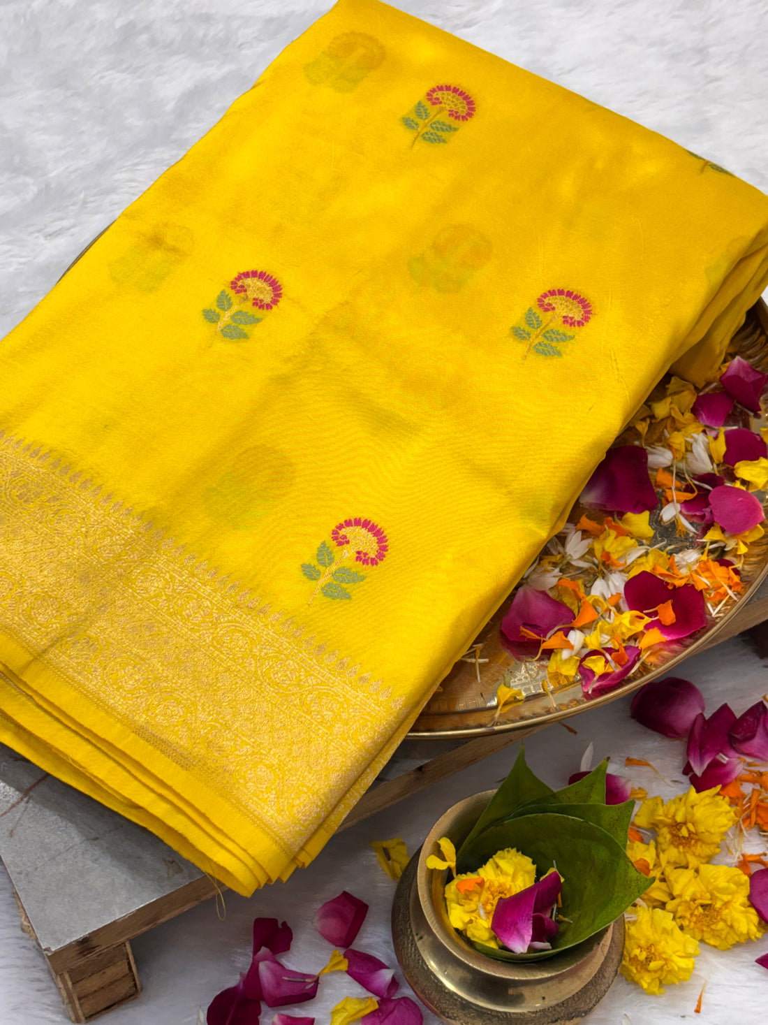 Luxury Yellow Pure Katan Silk Traditional Minakari Brocade Saree