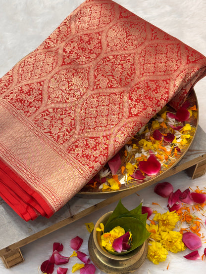 Rani Red Pure Katan Silk Vintage Gold Zari Brocade Banarasi Saree