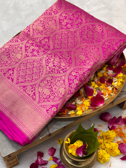 Luxury Pink Pure Katan Silk Gold Zari Work Brocade Saree