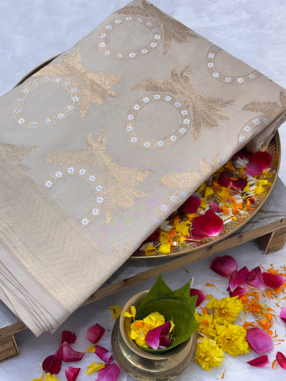 Light Grey Pure Katan Silk with Gold &amp; Silver Zari Handwoven Banarasi Saree