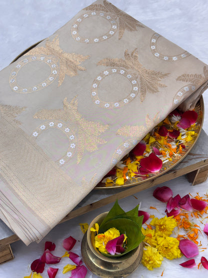 Light Grey Pure Katan Silk with Gold &amp; Silver Zari Handwoven Banarasi Saree
