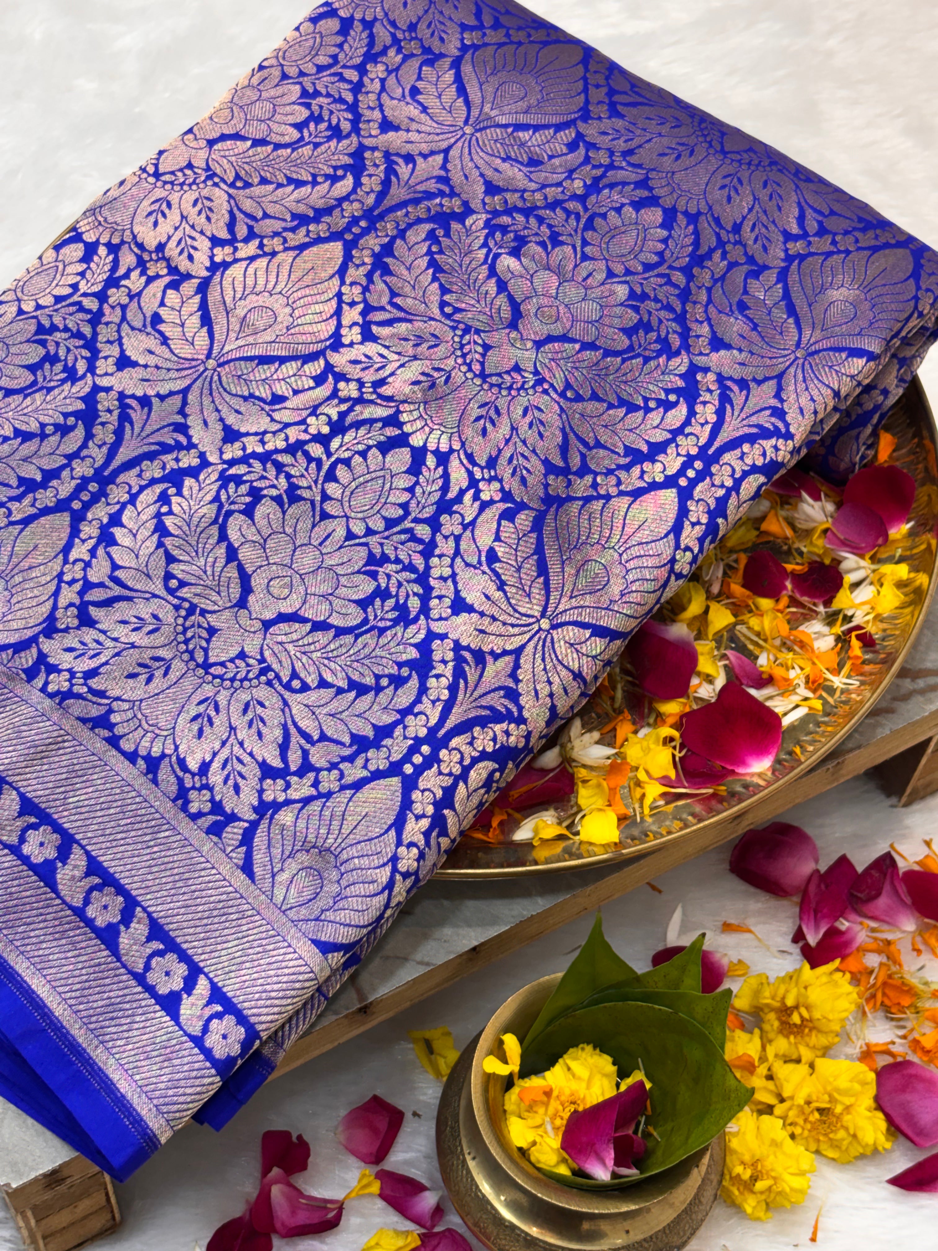 Luxury Blue Pure Katan Silk Vintage Traditional Gold Zari Brocade Banarasi Saree