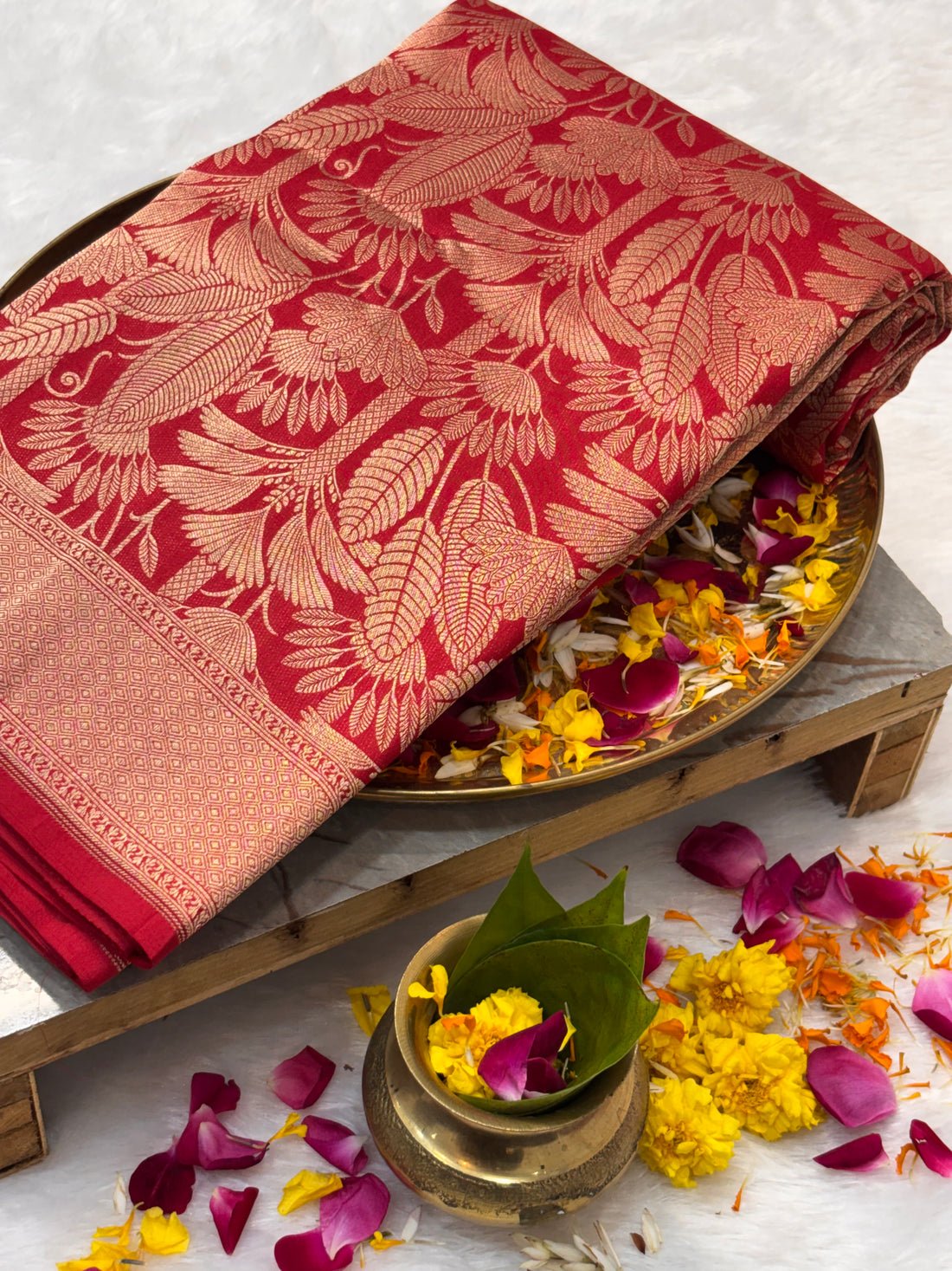 Premium Red Pure Katan Silk with Gold &amp; Silver Zari Work Handwoven Banarasi Saree