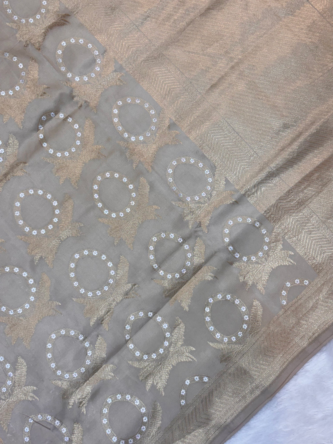 Light Grey Pure Katan Silk with Gold &amp; Silver Zari Handwoven Banarasi Saree