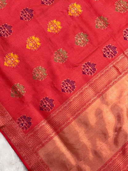 Luxury Red Pure Katan Silk with Traditional Minakari Boota Handwoven Banarasi Saree