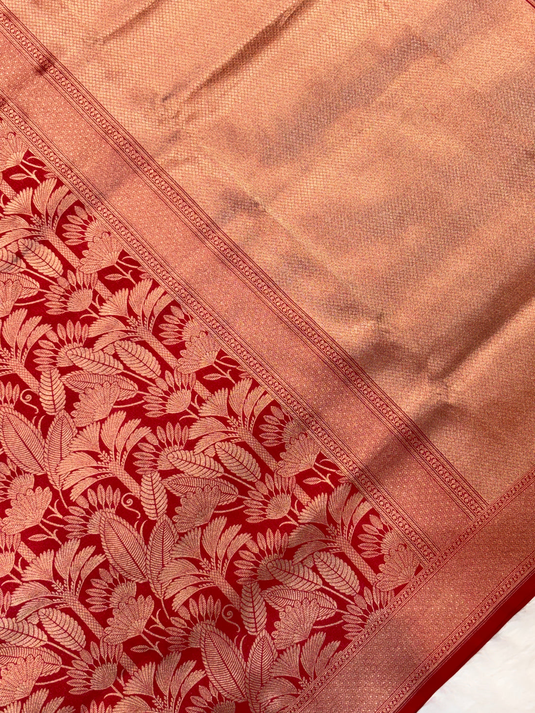 Premium Red Pure Katan Silk with Gold &amp; Silver Zari Work Handwoven Banarasi Saree