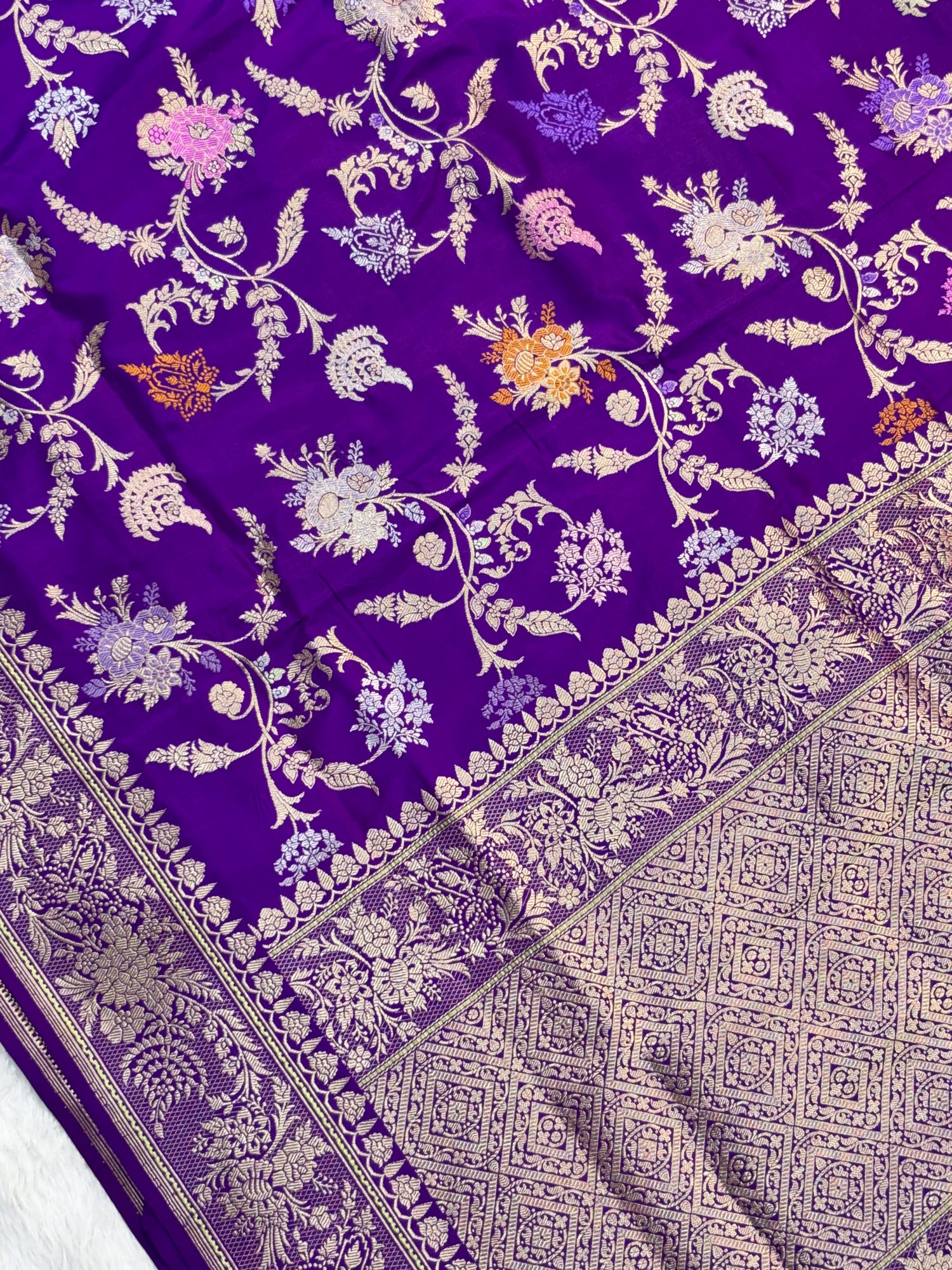 Luxury Blue Pure Katan Silk With Multi Jaal and Minakari Handwoven Banarasi Saree