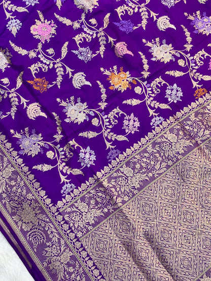 Luxury Blue Pure Katan Silk With Multi Jaal and Minakari Handwoven Banarasi Saree