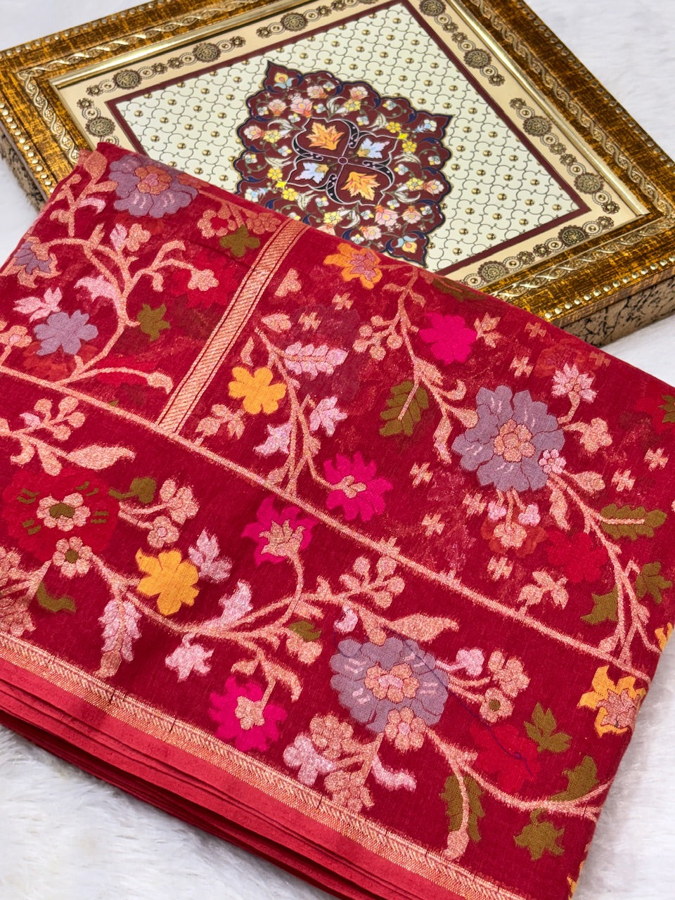 Red Shade Pure Cotton Inspired Jamdani Handwoven Banarasi Saree