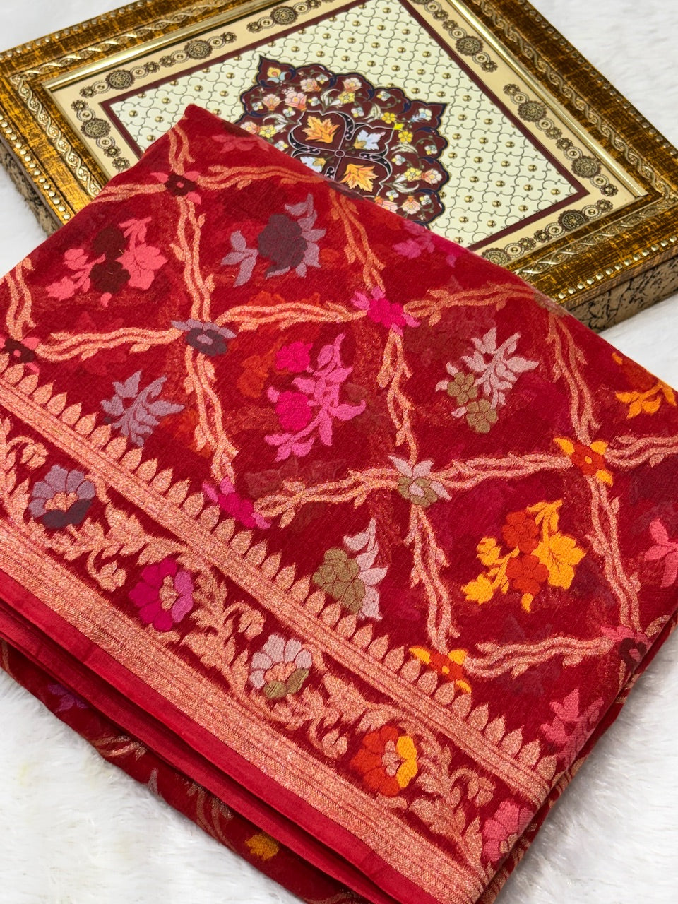 Premium Red Pure Cotton Inspired Jamdani Handwoven Banarasi Saree