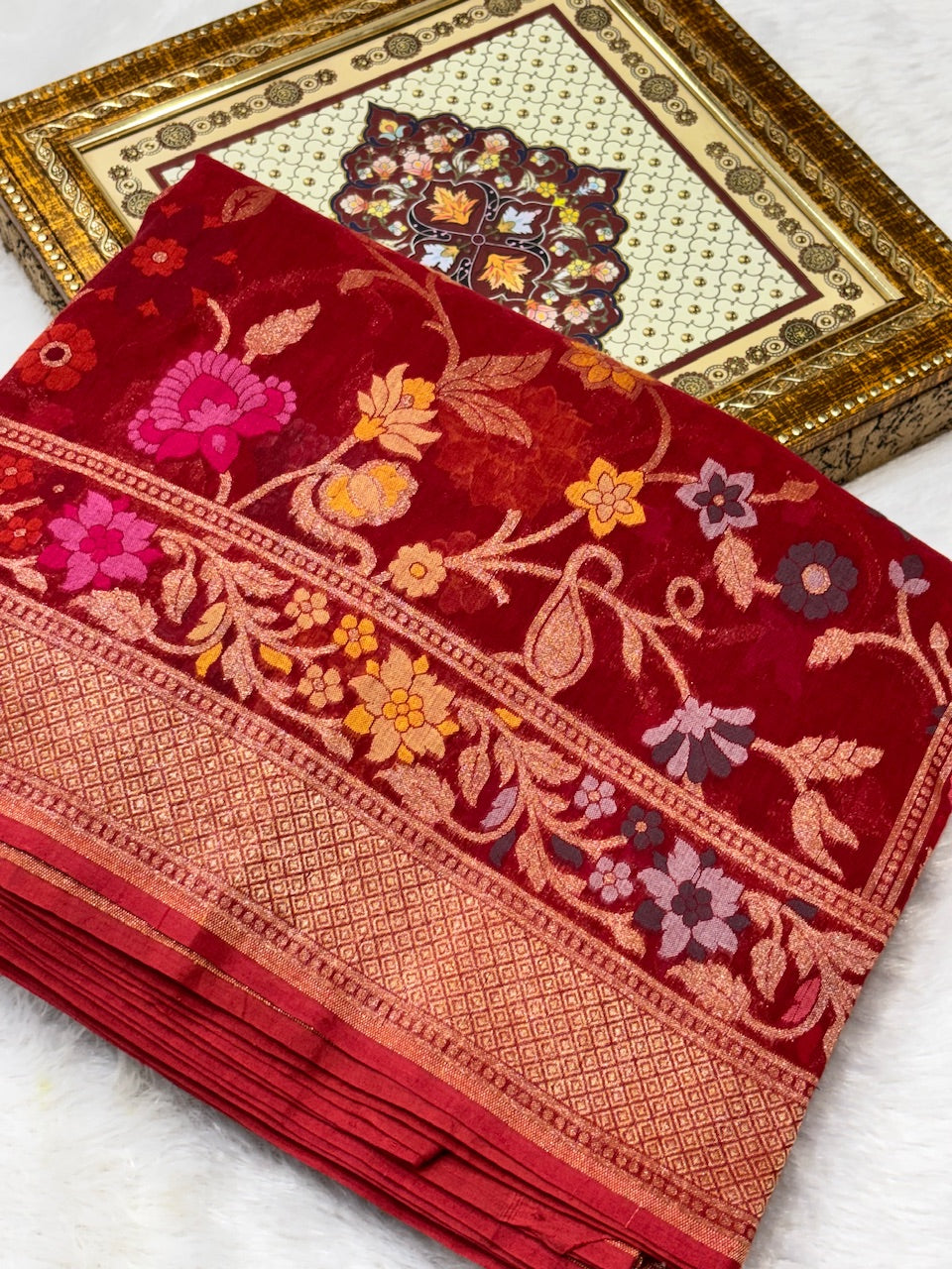 Red Shade Pure Cotton Inspired Jamdani Handwoven Banarasi Saree