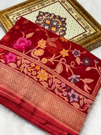 Red Shade Pure Cotton Inspired Jamdani Handwoven Banarasi Saree