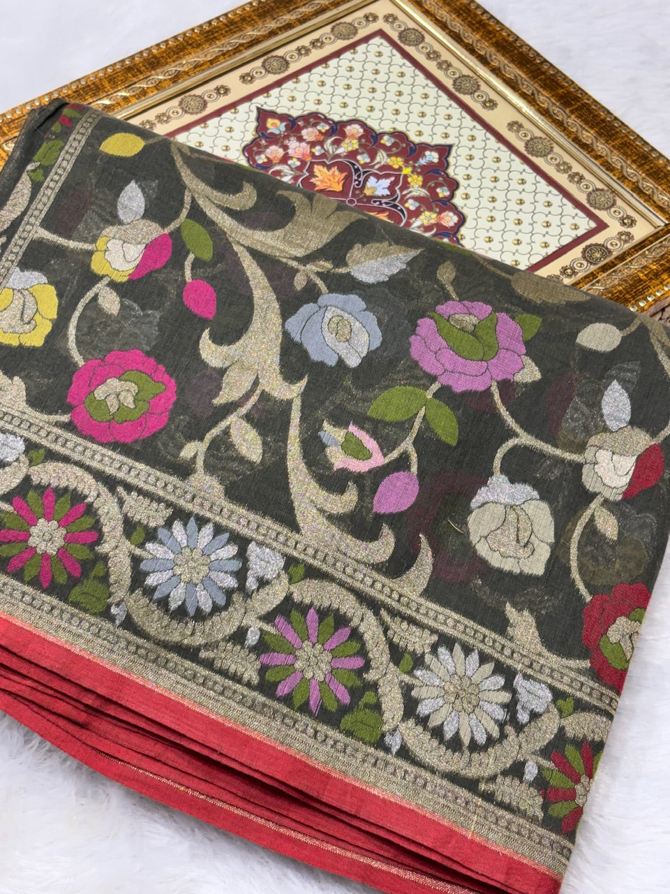 Luxury Shade Pure Cotton Inspired Jamdani Handwoven Banarasi Saree