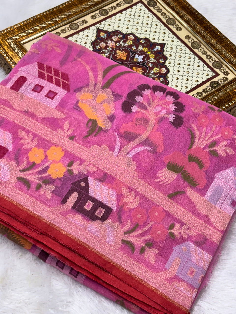 Luxury Pink Pure Cotton Inspired Jamdani Handwoven Banarasi Saree