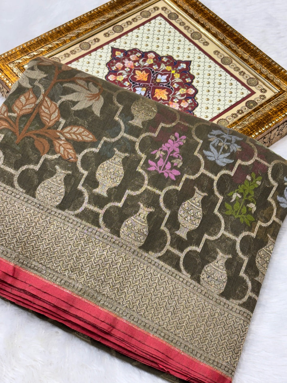 Olive Shade Pure Cotton Inspired Jamdani Handwoven Banarasi Saree