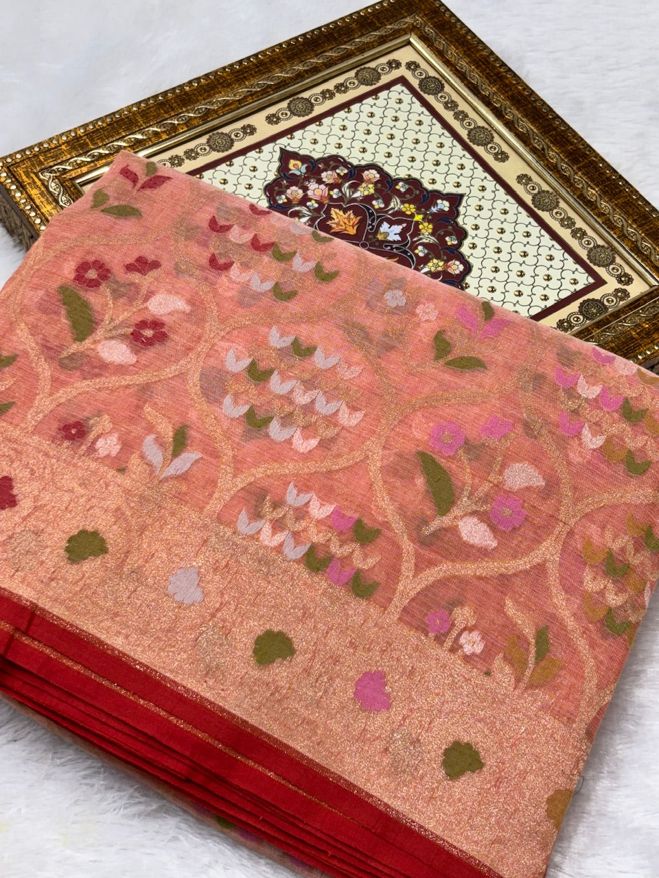 Beige Shade Pure Cotton Inspired Jamdani Handwoven Banarasi Saree