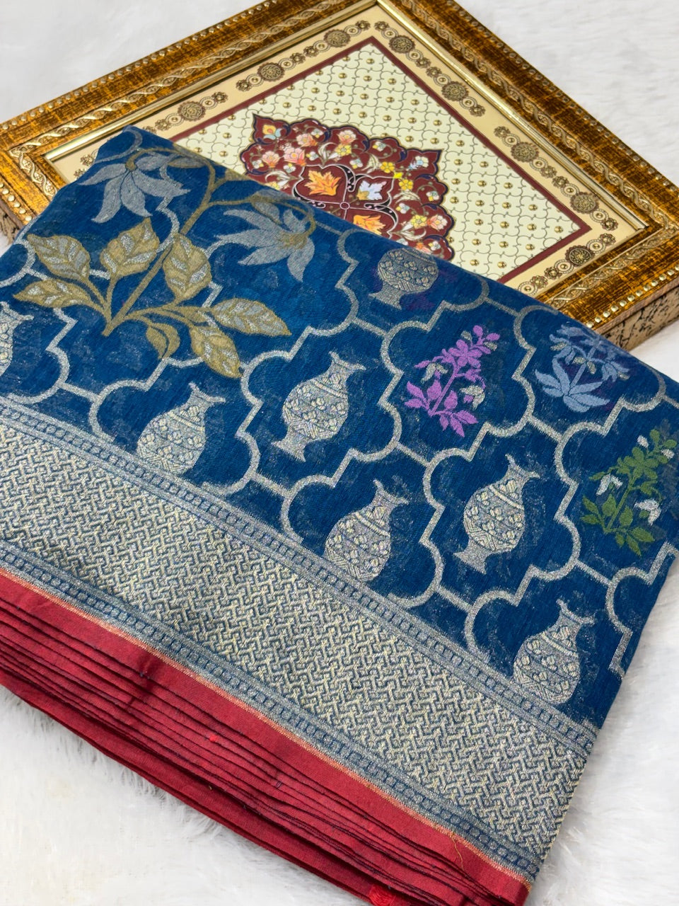 Royal Blue Pure Cotton Inspired Jamdani Handwoven Banarasi Saree