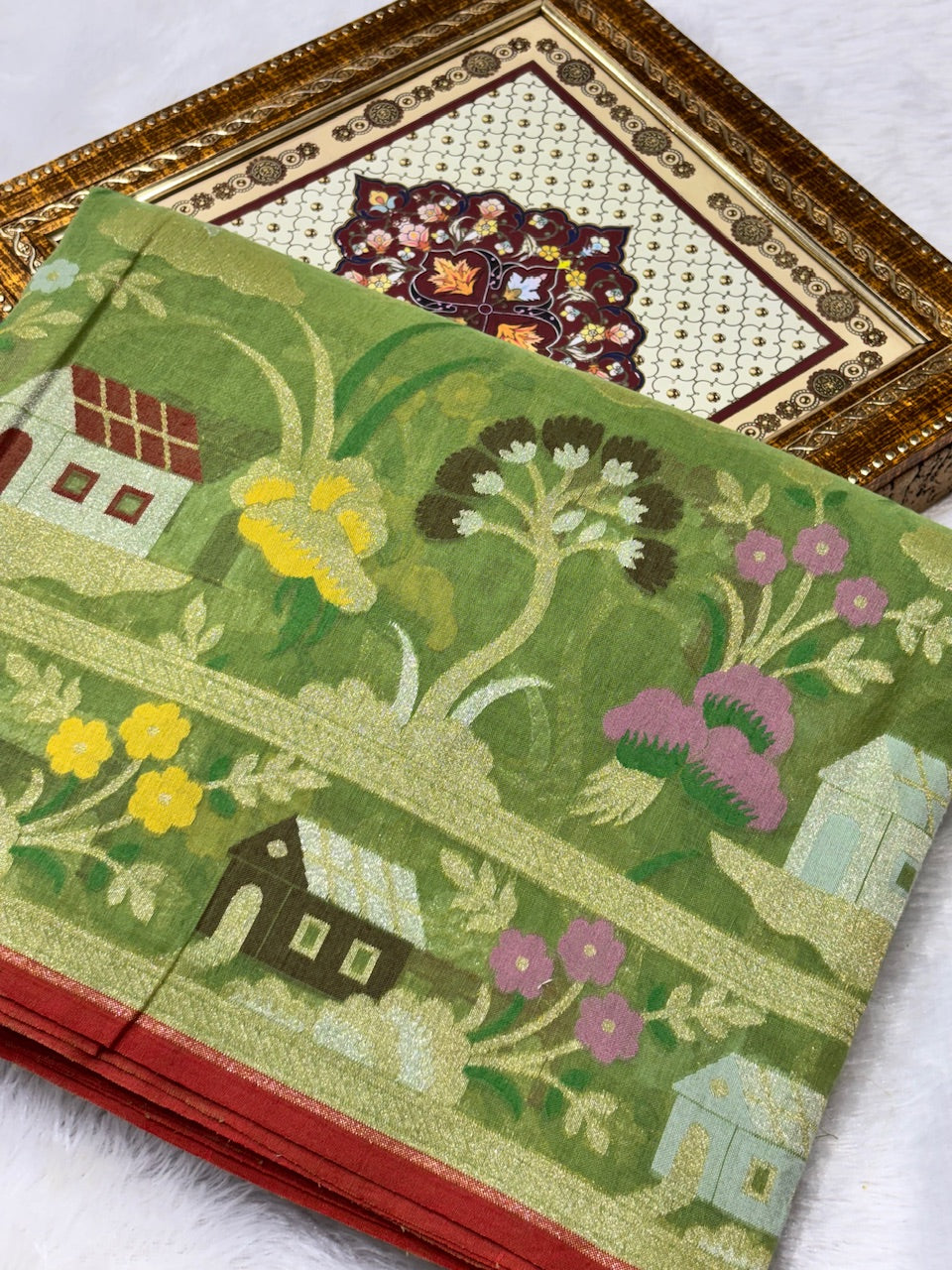 Bottle Green Pure Cotton Inspired Jamdani Handwoven Banarasi Saree