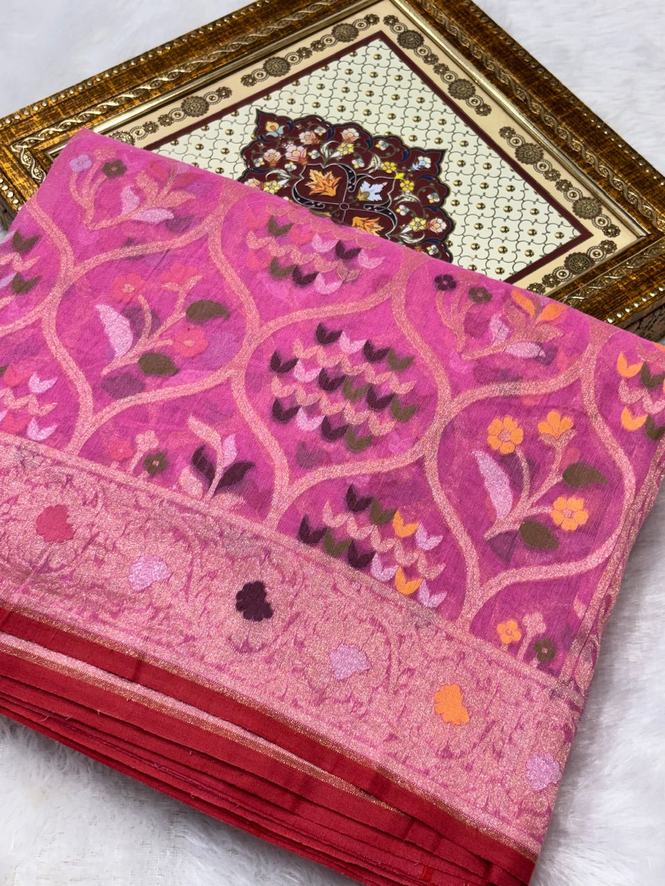 Baby Pink Pure Cotton Inspired Jamdani Handwoven Banarasi Saree
